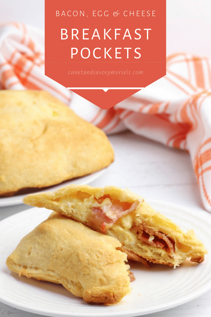 Bacon, Egg, and Cheese Breakfast Pockets are stuffed full of fluffy scrambled eggs, crispy bacon, and melted cheese wrapped up and baked in light and flaky canned crescent roll dough. An easy and filling breakfast that you can take on-the-go! #recipes #easyrecipes #breakfastrecipes #recipe #eggrecipes #pastryrecipe
