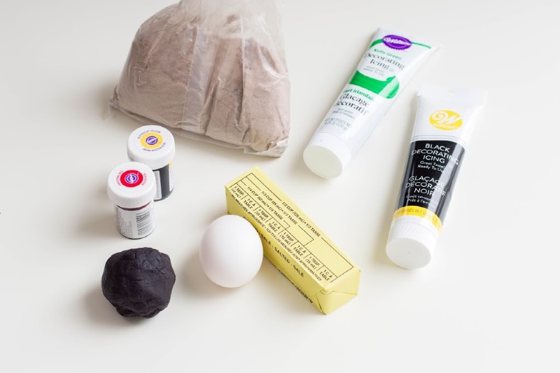 cake mix, butter, eggs, icing