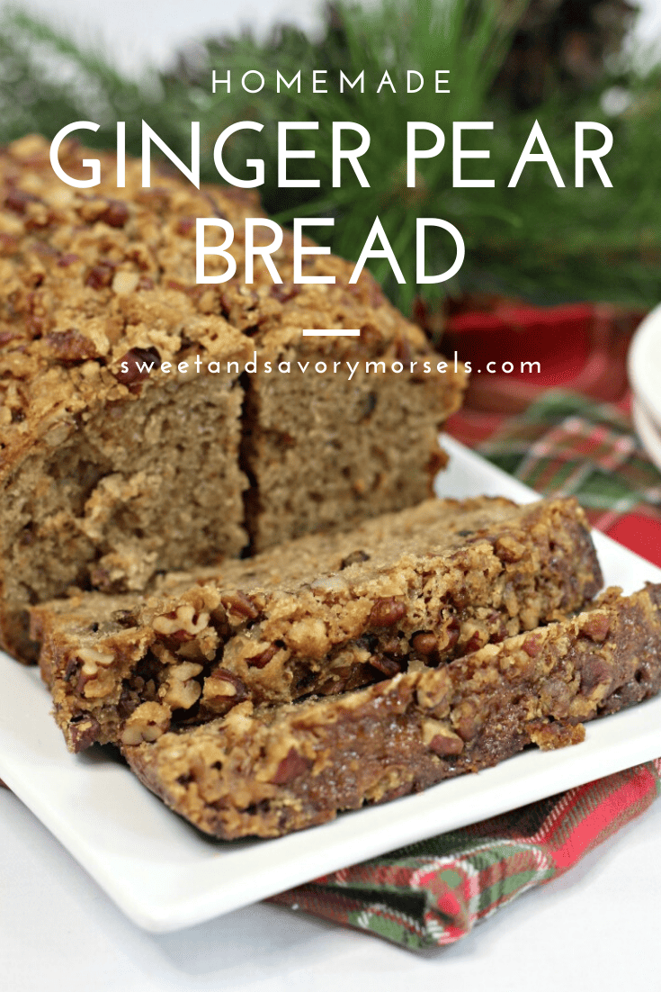 The sweet taste of fresh pear is combined with the bold flavor of ginger then topped with nutty goodness in this soft, moist, homemade Ginger Pear Bread recipe.