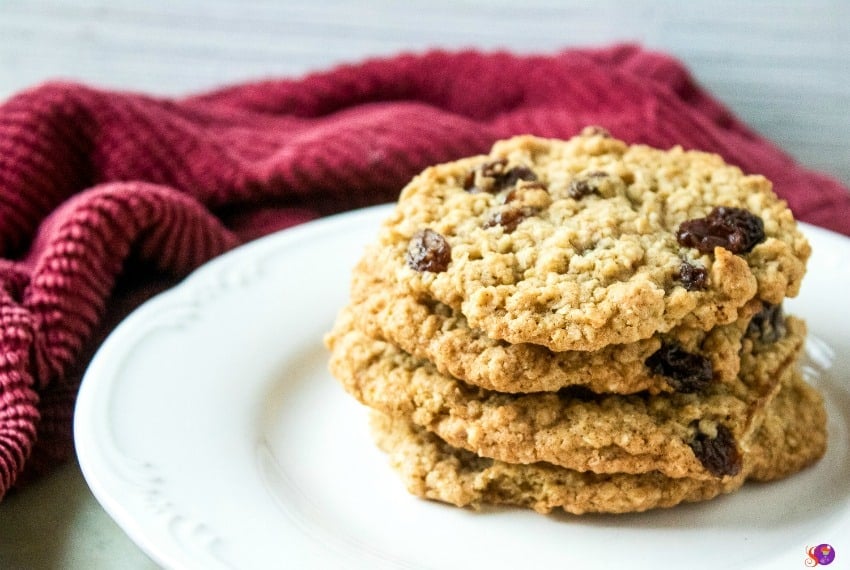 stack of oatmeal raisin cookies on plate