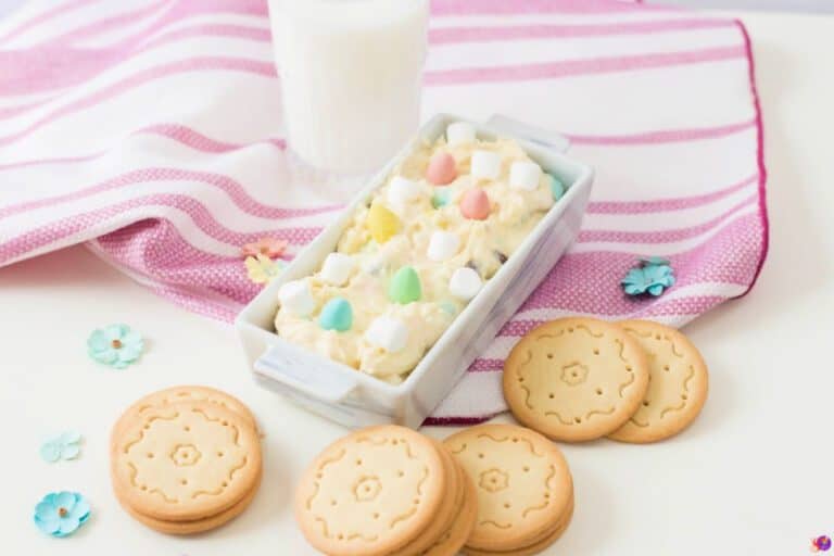 Easter Cookie Dip in serving plate on pink towel