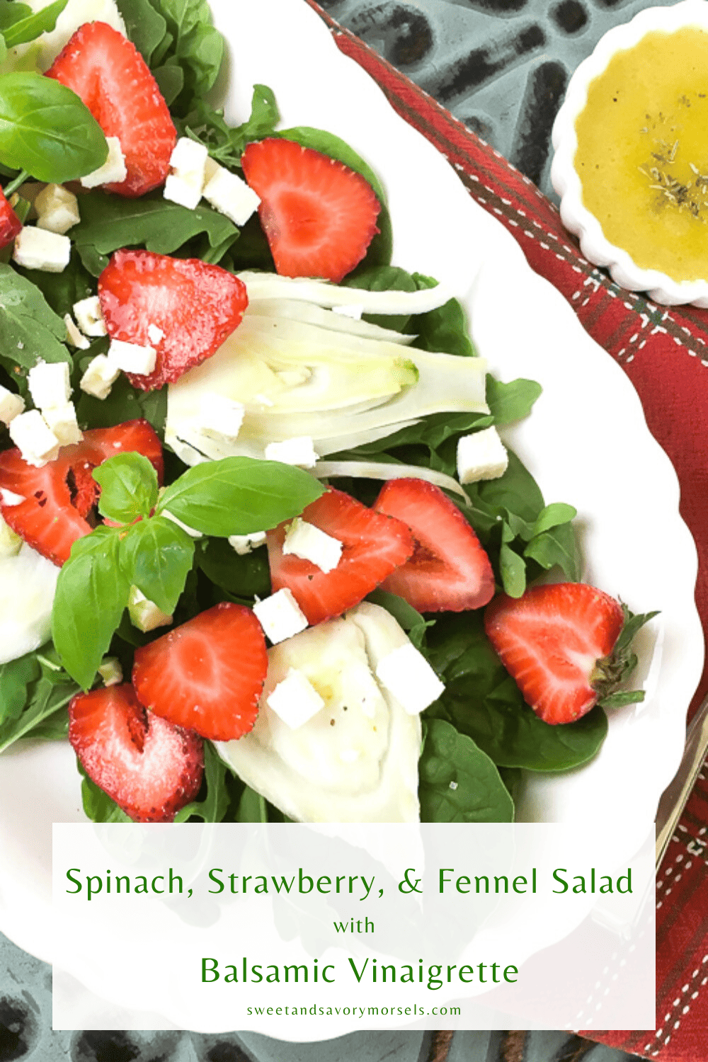 Sweet, juicy strawberries, peppery arugula, crisp fennel, and creamy feta are tossed together with a sweet and savory homemade Balsamic Vinaigrette dressing in this delicious Spinach, Strawberry and Fennel Salad with Balsamic Vinaigrette.