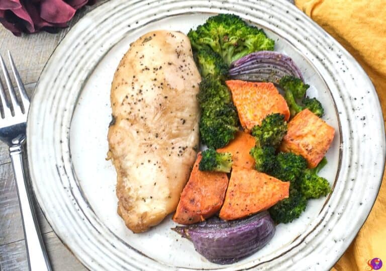 quick and easy sheet pan balsamic chicken and vegetables on plate