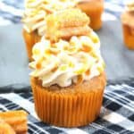 A decorated churro cupcake with a swirl of frosting and a cinnamon stick topping, displayed on a checkered cloth.