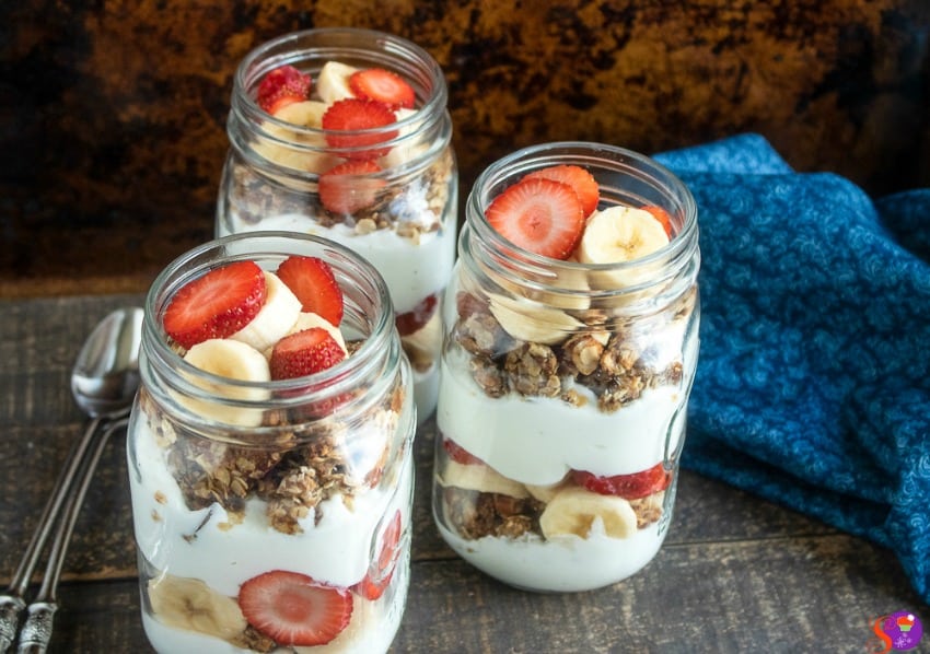 Strawberry Banana Parfait with Homemade Granola Recipe 7 strawberry banana parfait with homemade granola recipe served in jars