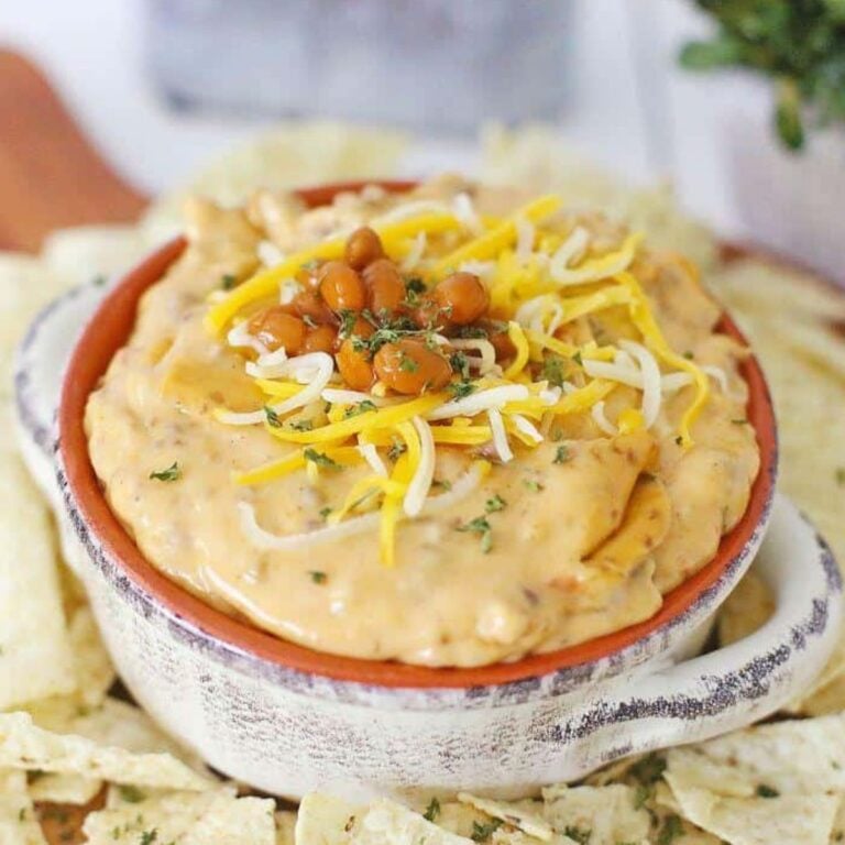 Crock pot taco queso in plate with chips.