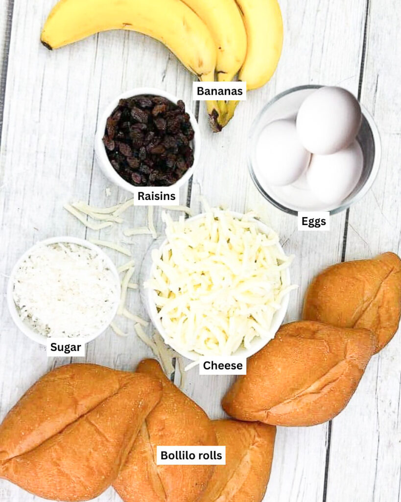 Mexican bread pudding ingredients on table.