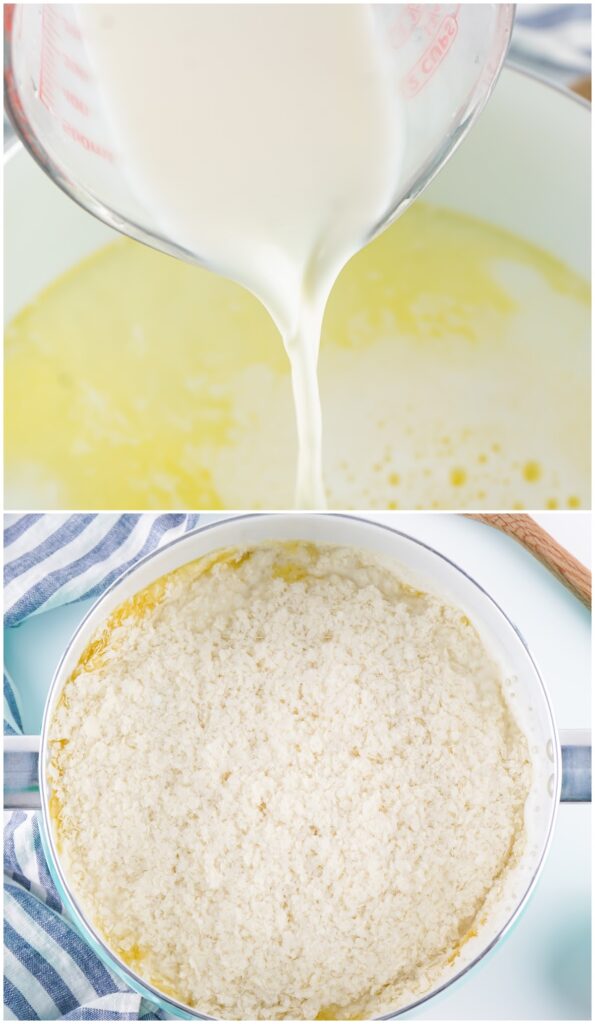 Pouring liquid from a measuring cup into a bowl, followed by an image of a crumbly mixture spread evenly in a round baking dish, perfectly setting the stage for a delicious loaded baked mashed potato casserole.