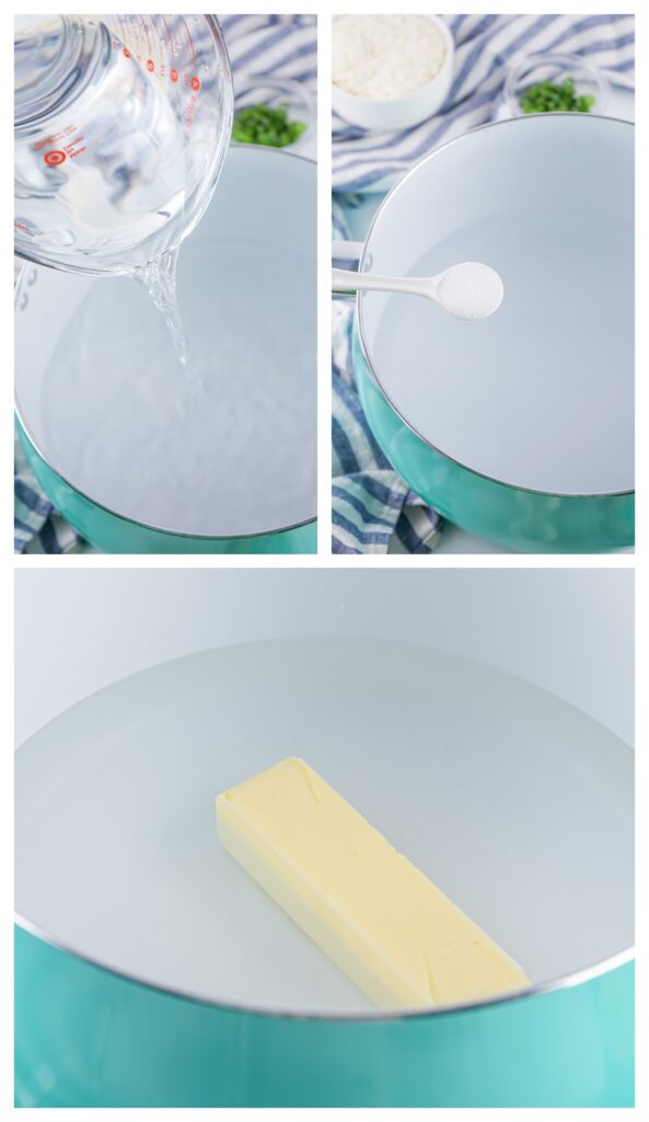 Three-image collage: Water being poured into a pot, salt being added, and a stick of butter in the water. A striped cloth and small bowl in the background await the transformation of these ingredients into creamy mashed potatoes.