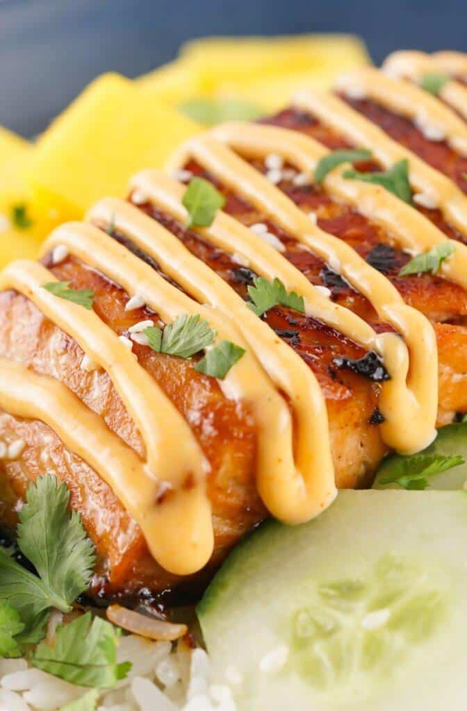 Salmon Teriyaki Bowl Drizzled with Chipotle Mayo