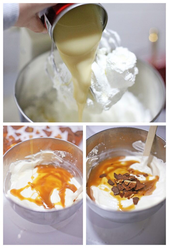 Collage illustrating No Churn Americone Dream Ice Cream being crafted: sweetened condensed milk cascading into cream, caramel swirling in elegantly, and almonds sprinkled on top in separate bowls. A delightful nod to Ben & Jerry's Copycat No Churn Homemade Americone Dream.