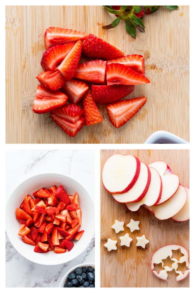 Top image: Sliced strawberries on a wooden cutting board. Bottom left: Slices of strawberries in a white bowl. Bottom right: Slices of red apples and star-shaped apple pieces on a white surface, making the perfect base for a Star Spangled Fruit Salad.
