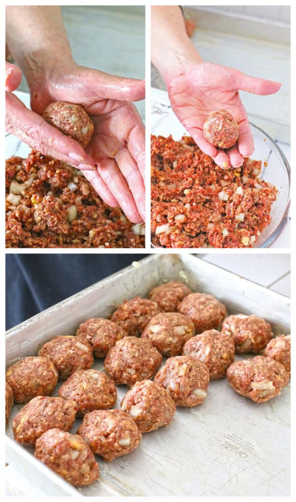 Sweet and Sour Meatballs 3 A collage shows hands shaping Sweet and Sour Meatballs from a mixture in a glass bowl and then arranging the meatballs on a baking tray.