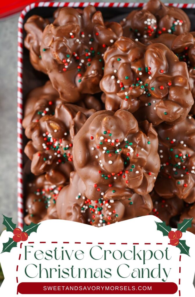 FESTIVE CROCKPOT CHRISTMAS CANDY 1 A tray stacked high with chocolate clusters adorned with festive sprinkles showcases the delightful "Festive Crockpot Christmas Candy" from sprinkleofflavor.com. Indulge in this seasonal treat and enjoy the magic of Crockpot Christmas Candy.