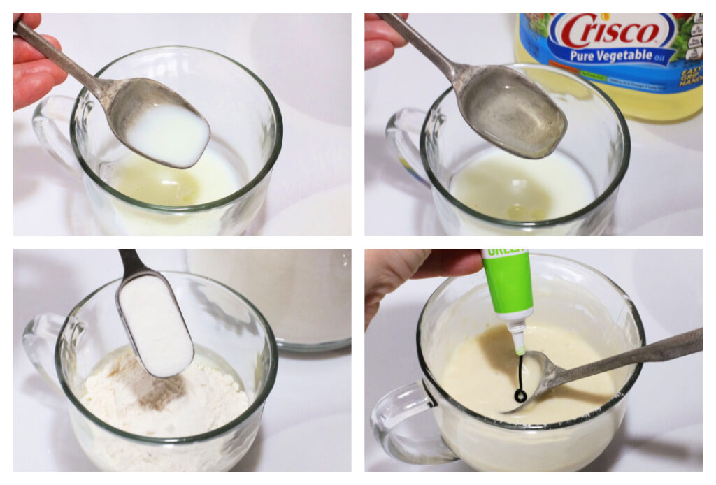 Four-panel image illustrating the steps for an Easy Grinch Mug Cake Recipe: spooning milk and oil, adding flour, and squeezing green food coloring into a glass cup.
