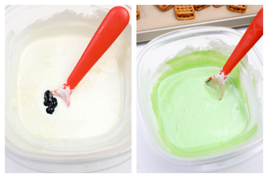 Two containers with red spatulas. Left: a white mixture with black coloring, reminiscent of Grinch Heart Pretzel Bites. Right: a green mixture that brings to mind festive Grinch Pretzel Bites.
