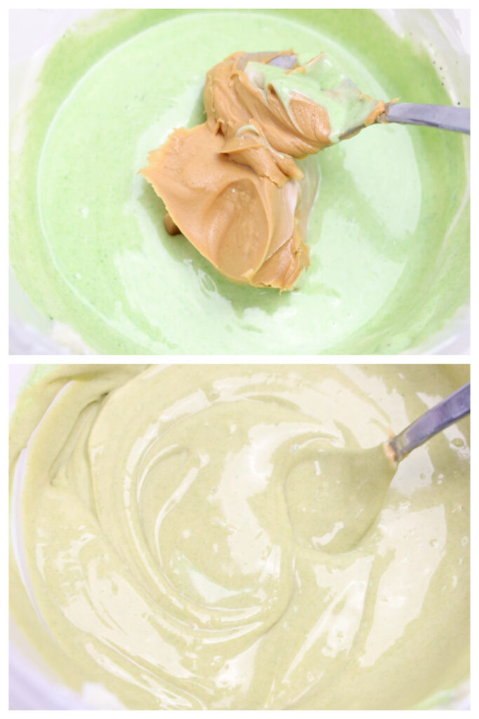Two images capturing a mixing process: the top image features green batter reminiscent of Grinch Puppy Chow with a dollop of peanut butter on a spoon, while the bottom image reveals the batter transformed into a creamy beige color after mixing.