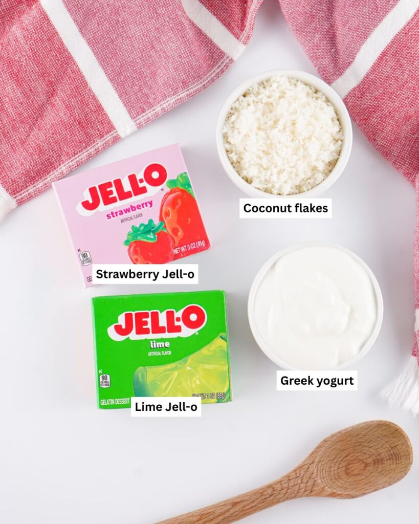 Ingredients for old fashioned jello balls: strawberry and lime jell-o, coconut flakes and greek yogurt on table.