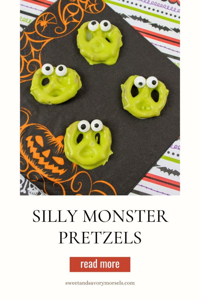 Four green pretzels with googly eyes are on a black napkin with Halloween designs. Text reads, "Silly Monster Pretzels.