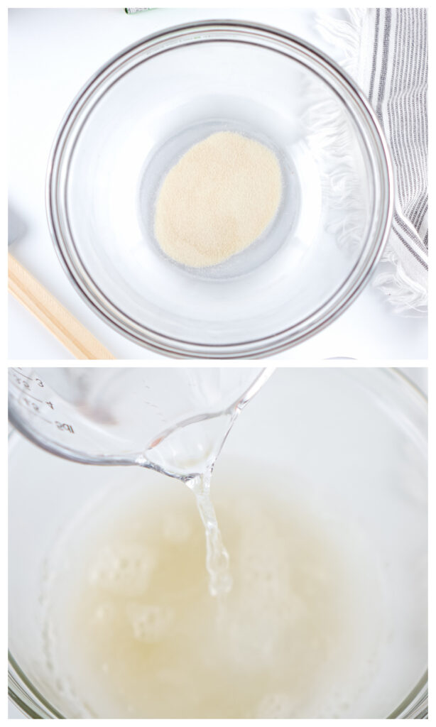 Eagles Jello Shots 4 Top image: Bowl with dry yeast, similar to preparing the base for Eagles Jello Shots. Bottom image: Water being poured into a bowl with yeast, akin to mixing up the perfect consistency for your next batch of party favorites.