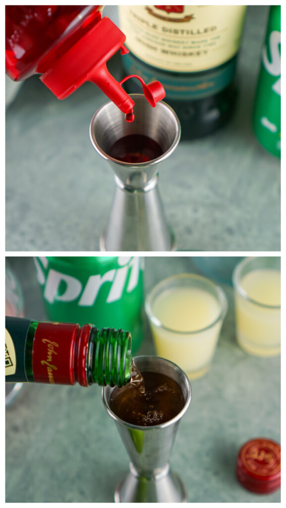Top: Vibrant red liquid forms the base of an Irish Redhead Cocktail as it fills the jigger. Bottom: Rich brown liquid from a green bottle melds with the mix. Other tantalizing ingredients await in the background.