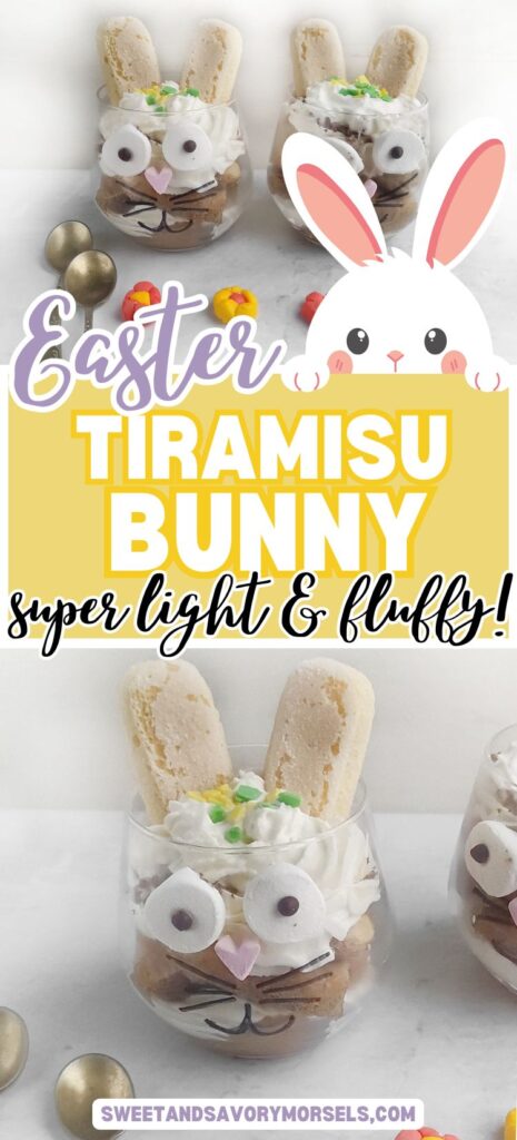 Three glasses of tiramisu adorned with cute bunny faces, featuring candy eyes, wafer ears, and marshmallow cheeks. A text overlay reads, "Tiramisu Easter Bunny—super light & fluffy!.