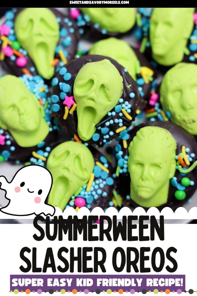 Decorated Summerween Slasher Oreos topped with green horror movie slasher faces and colorful sprinkles, arranged closely together. Text at the bottom reads, “Summerween Slasher Oreos.”.