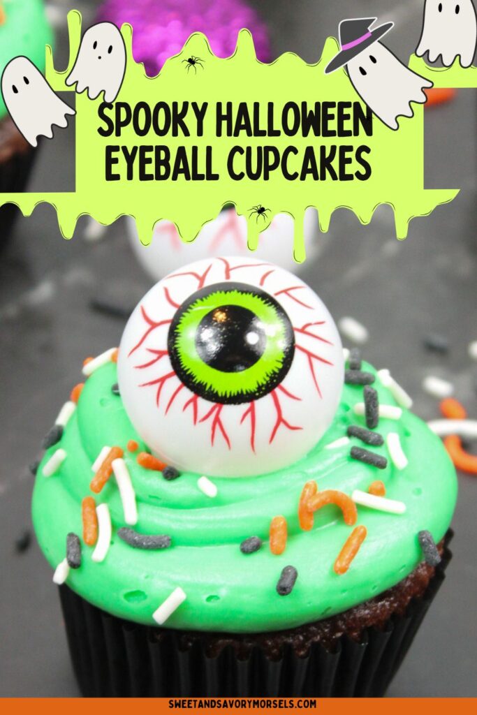 Spooky Halloween Eyeball Cupcakes: The Perfect Creepy-Cute Treats 1 A chocolate cupcake with green frosting, topped with a plastic eyeball decoration and colorful sprinkles—these Spooky Halloween Eyeball Cupcakes are perfect for your next party, with festive Halloween-themed decorations in the background.
