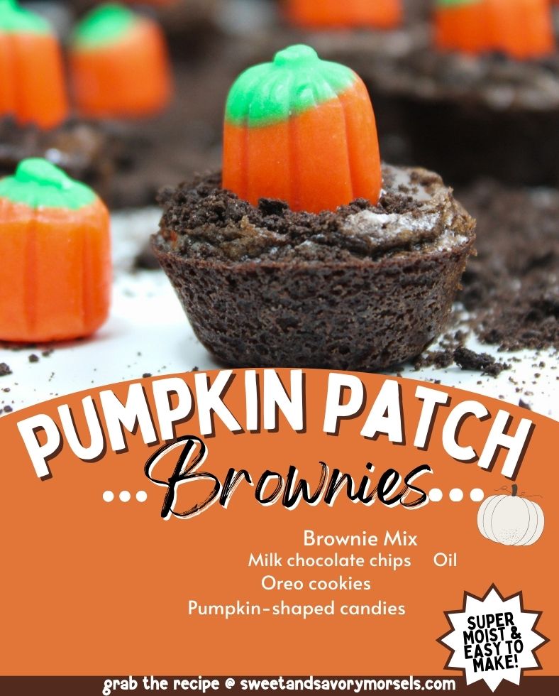Close-up of pumpkin patch brownies topped with pumpkin-shaped candies, nestled in Oreo cookie crumbs. Mini Halloween brownies recipe ingredients and website details appear at the bottom.