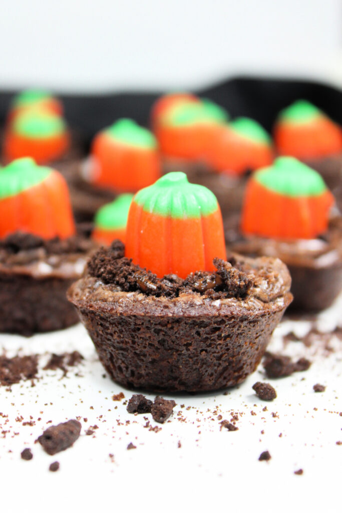 Mini Halloween brownies are topped with crumbled cookies and orange pumpkin-shaped candy, creating festive pumpkin patch brownies arranged on a white surface.