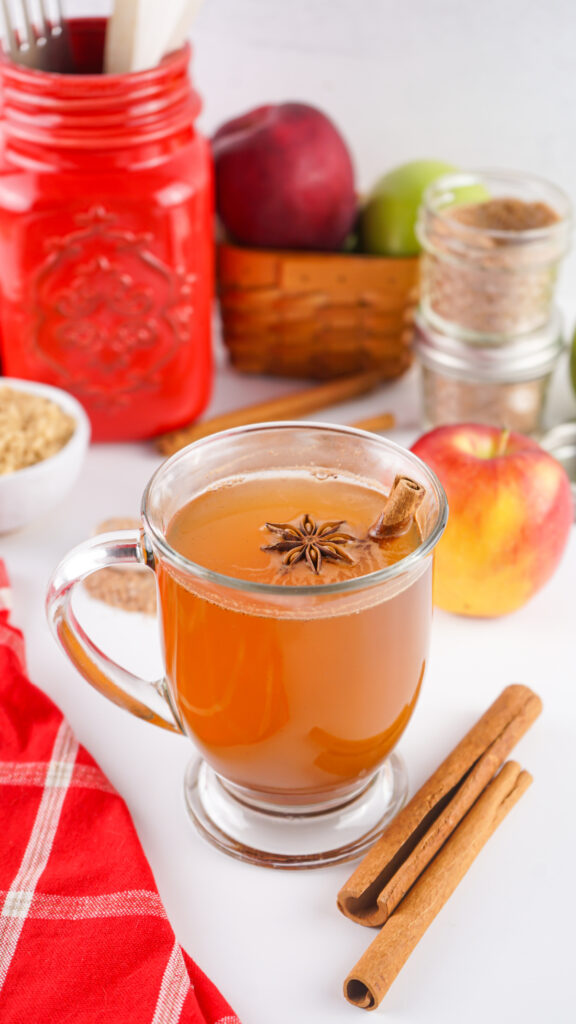 A glass mug of spiced apple cider made with Apple Cider Mix, garnished with a cinnamon stick and star anise, surrounded by apples, cinnamon sticks, brown sugar, and kitchen items on a white surface.
