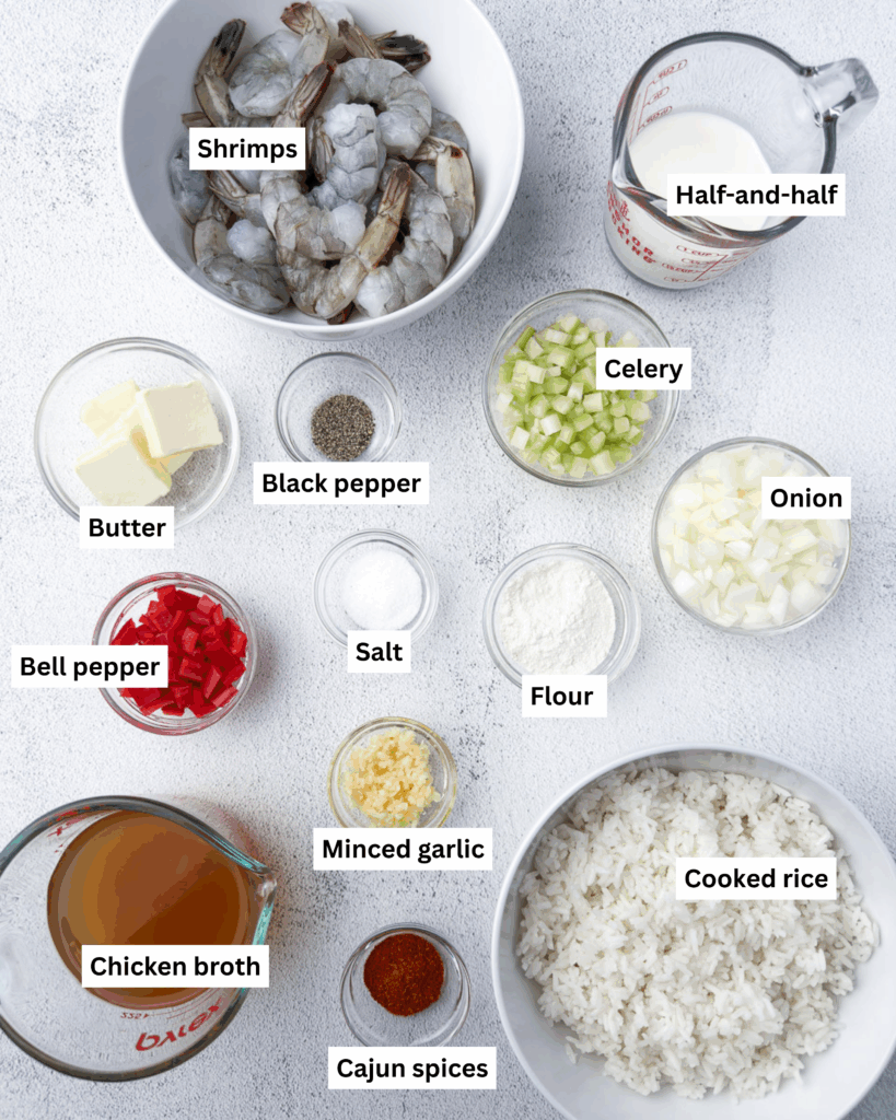 Easy Shrimp and Rice Casserole (Creamy & No Canned Soup!) 2 Shrimp, Half-and-half, butter, black pepper, celery, bell pepper, salt, flour, onion, garlic, chicken broth, cajun seasoning, cooked rice