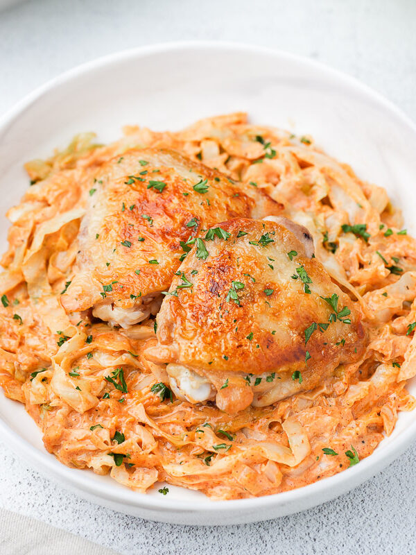 Creamy Cabbage Alfredo with Crispy Chicken Thighs (A Low-Carb Comfort Dinner)