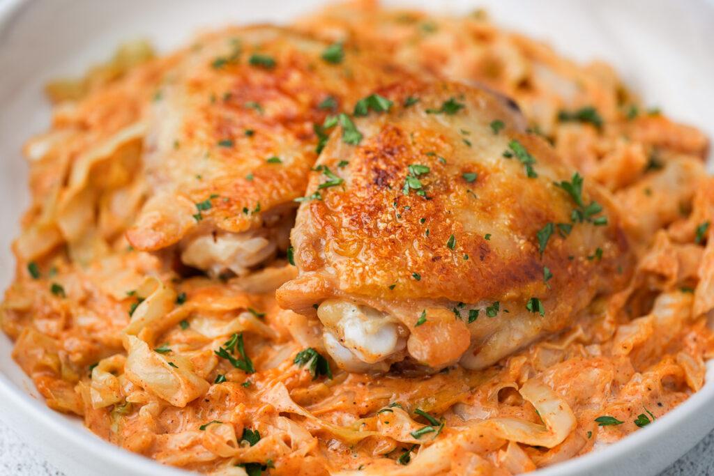 Creamy Cabbage Alfredo with Crispy Chicken Thighs (A Low-Carb Comfort Dinner) 12 close-up of creamy cabbage alfredo dish