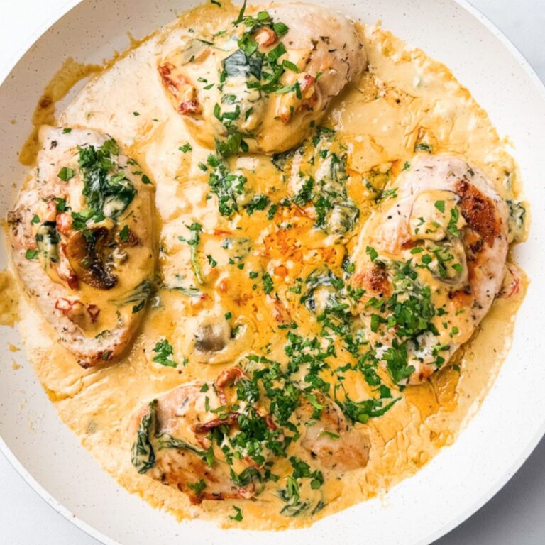 creamy tuscan chicken in white pan