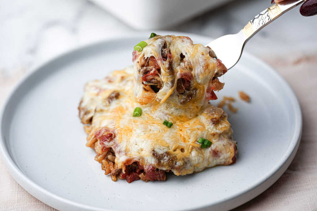 close-up of ground beef and rice casserole recipe