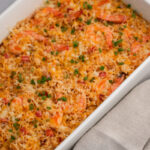 Baked Shrimp, Rice, Vegetables in a oven safe dish