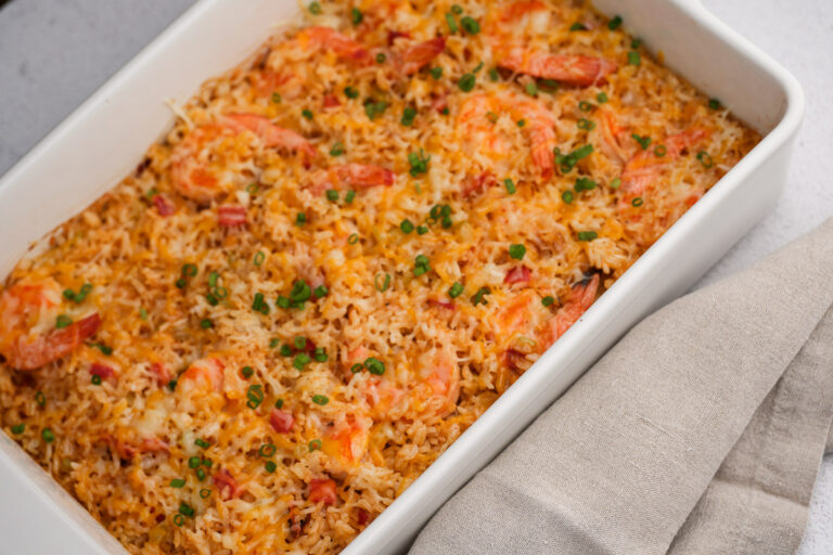 Easy Shrimp and Rice Casserole (Creamy & No Canned Soup!) 18 Baked Shrimp, Rice, Vegetables in a oven safe dish
