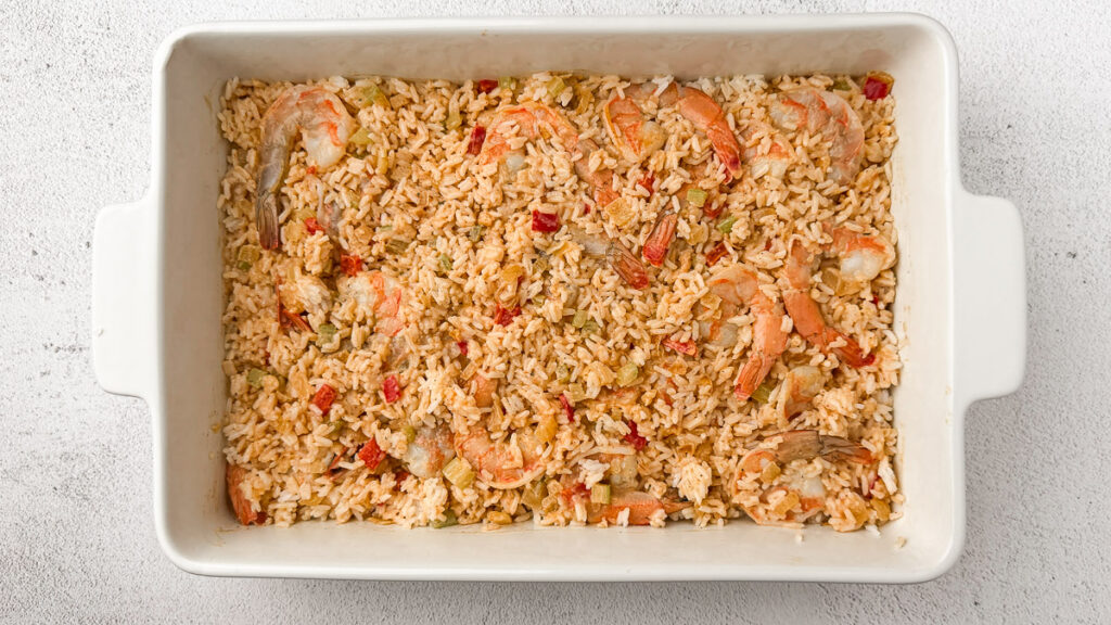 Easy Shrimp and Rice Casserole (Creamy & No Canned Soup!) 6 casserole with shrimp, rice, vegetables and sauce