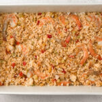 casserole with shrimp, rice, vegetables and sauce