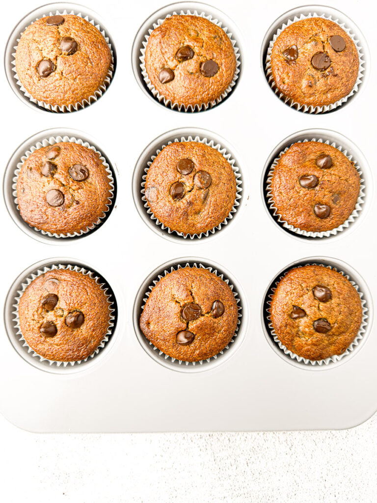 Healthy Almond Butter Banana Chocolate Chip Muffins in muffin pan