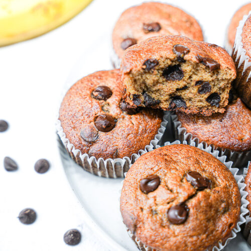 Healthy Almond Butter Banana Chocolate Chip Muffins broken out to show texture