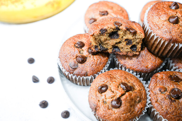 Healthy Almond Butter Banana Chocolate Chip Muffins broken out to show texture