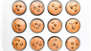 Healthy Almond Butter Banana Chocolate Chip Muffins in a pan