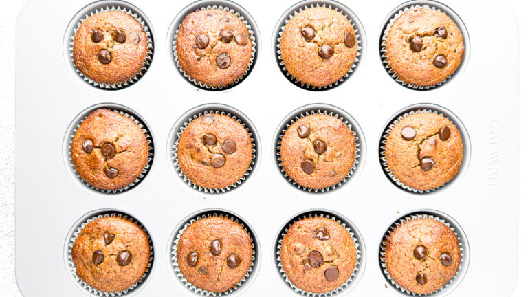 Healthy Almond Butter Banana Chocolate Chip Muffins in a pan