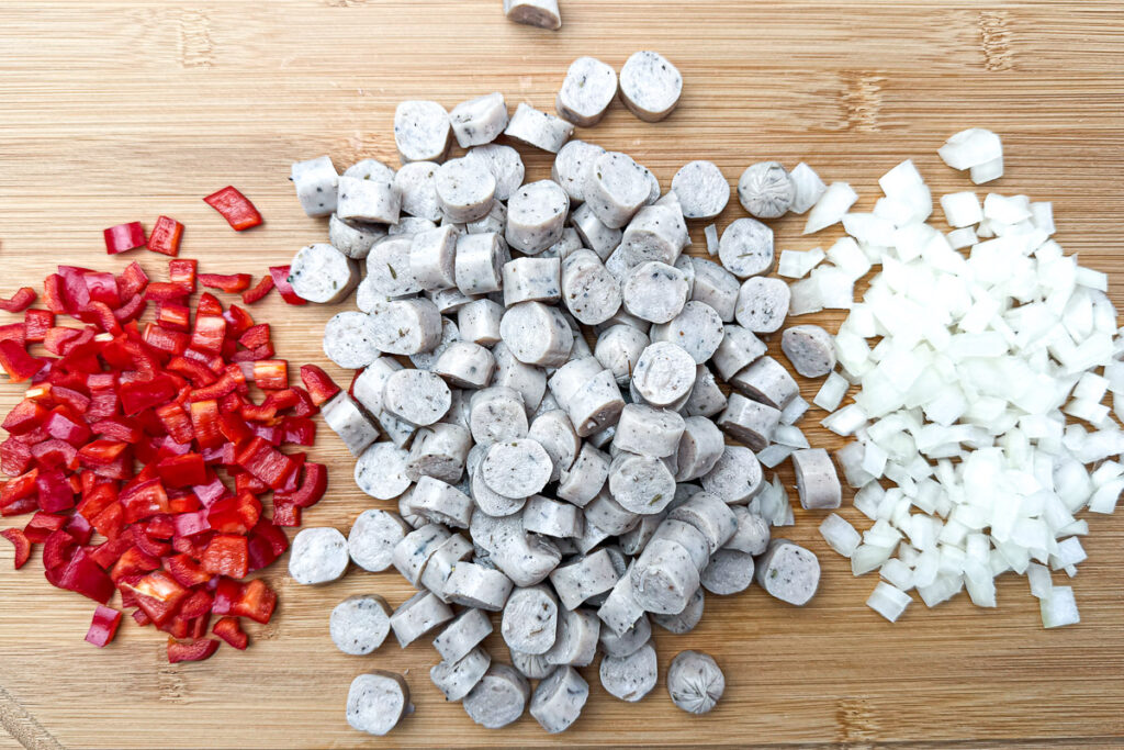 Easy Sausage and Egg Breakfast Casserole (No Bread!) 4 diced bell pepper, breakfast sausage, and onion