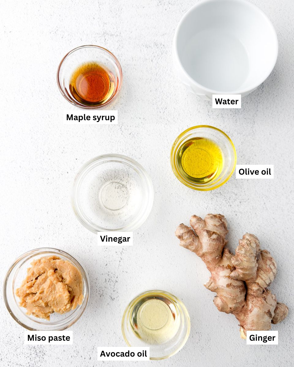 Ingredients for the recipe: water, maple syrup, vinegar, olive oil, miso paste, avocado oil, ginger