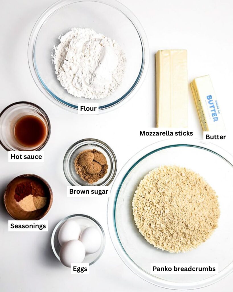 Copycat Chilis Nashville hot Mozzarella Sticks ingredients on table.